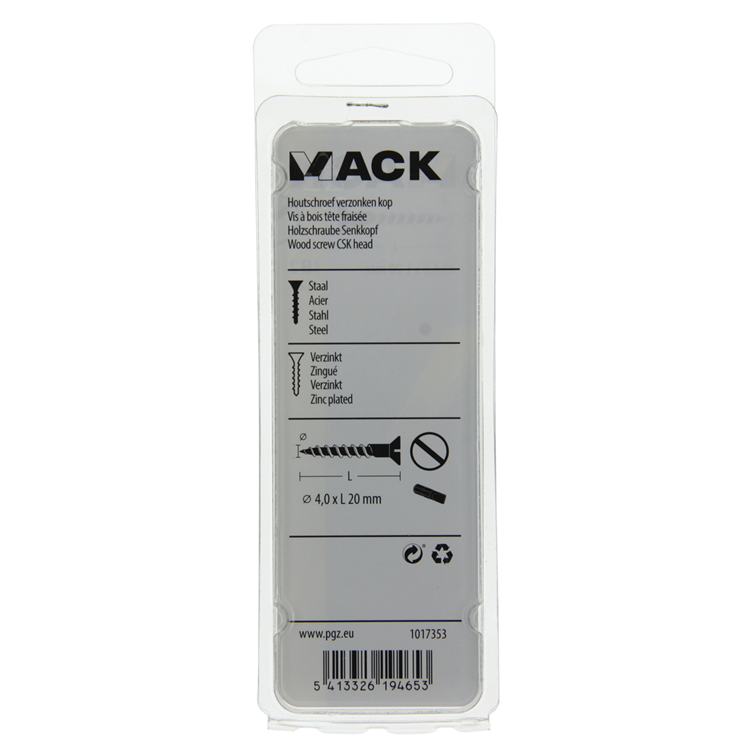 Mack 1017353 - vis à bois tête fraisée galvanisée 22 pcs 4,0 x 20 mm | 10 pièces