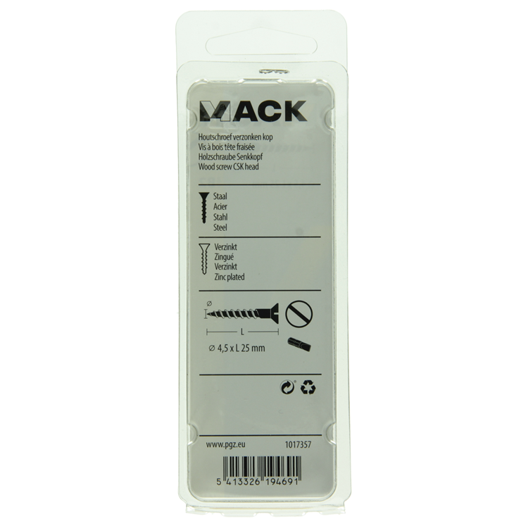 Mack 1017357 - vis à bois tête fraisée galvanisée 15 pcs 4,5 x 25 mm | 10 pièces