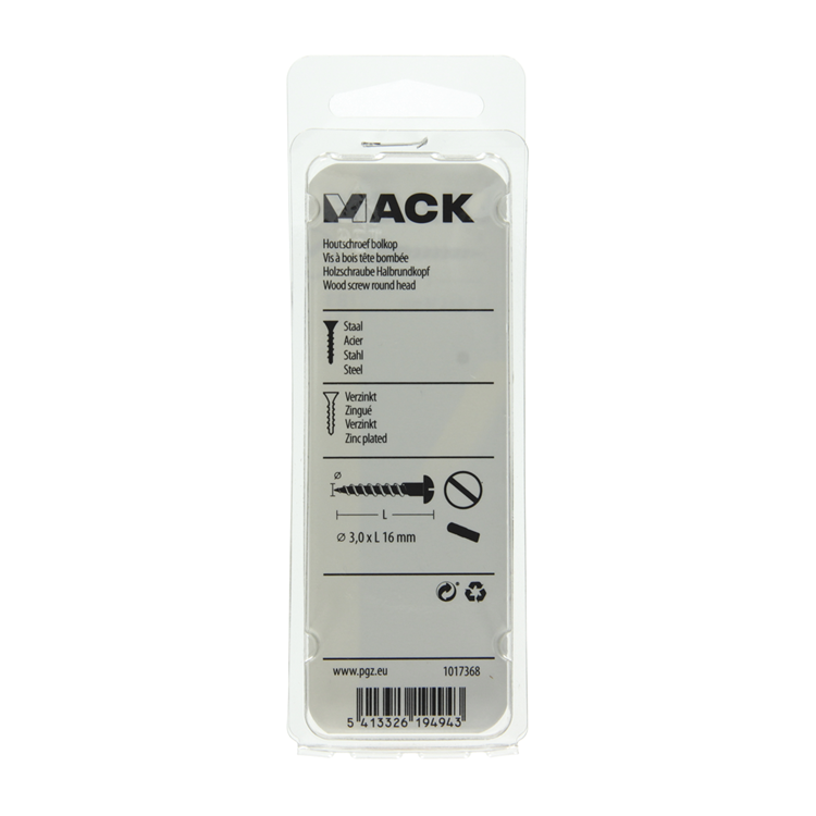 Mack 1017368 - vis à bois tête cylindrique acier galvanisé 25 pcs 3,0 x 16 mm | 10 pièces