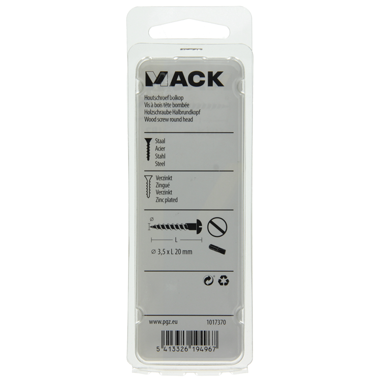 Mack 1017370 - vis à bois tête cylindrique acier galvanisé 19 pcs 3,5 x 20 mm | 10 pièces