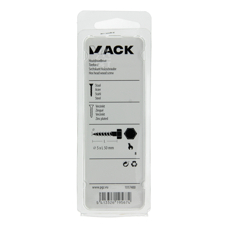 Mack 1017400 - boulon fileté à bois en acier galvanisé 10 pièces 5 x 50 mm | 10 pièces