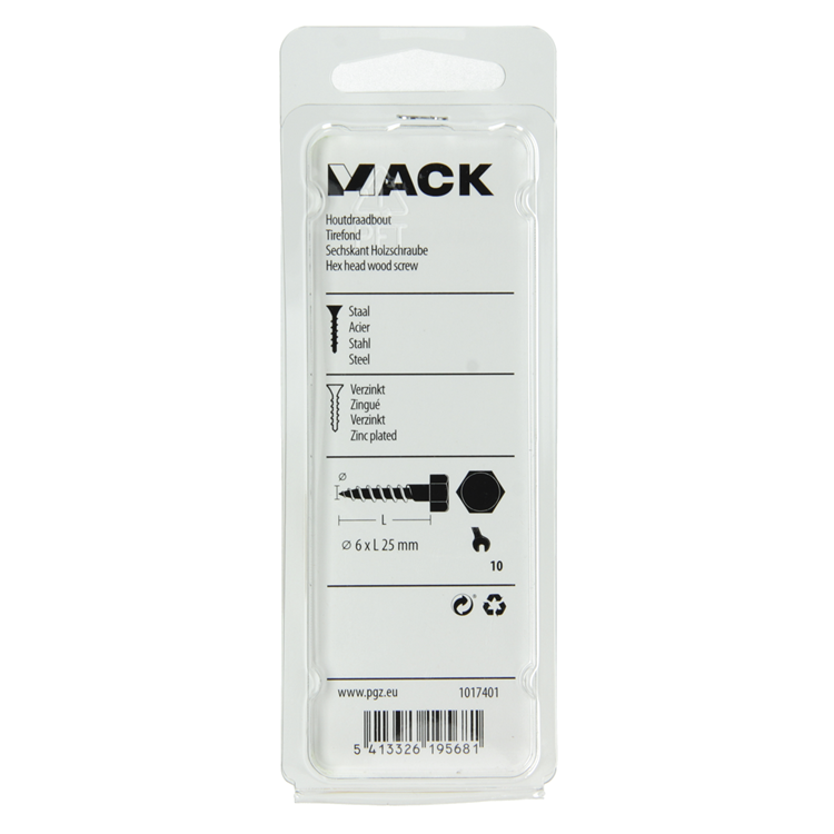 Mack 1017401 - boulon fileté à bois en acier galvanisé 15 pièces 6 x 25 mm | 10 pièces