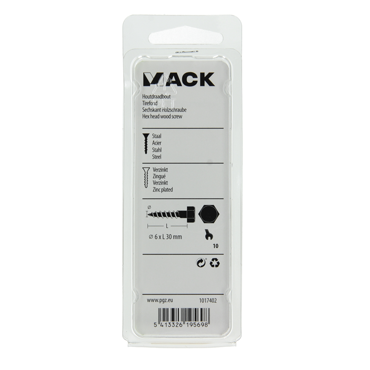 Mack 1017402 - boulon fileté à bois en acier galvanisé 12 pièces 6 x 30 mm | 10 pièces