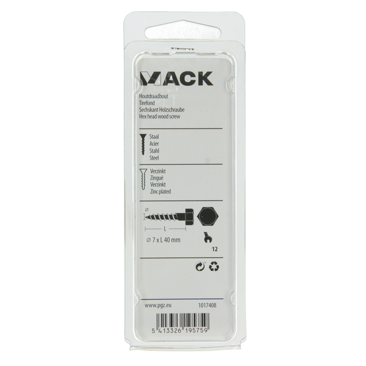 Mack 1017408 - boulon fileté à bois en acier galvanisé 10 pièces 7 x 40 mm | 5 pièces