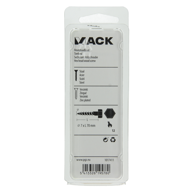 Mack 1017411 - boulon fileté à bois en acier galvanisé 6 pièces 7 x 70 mm | 5 pièces