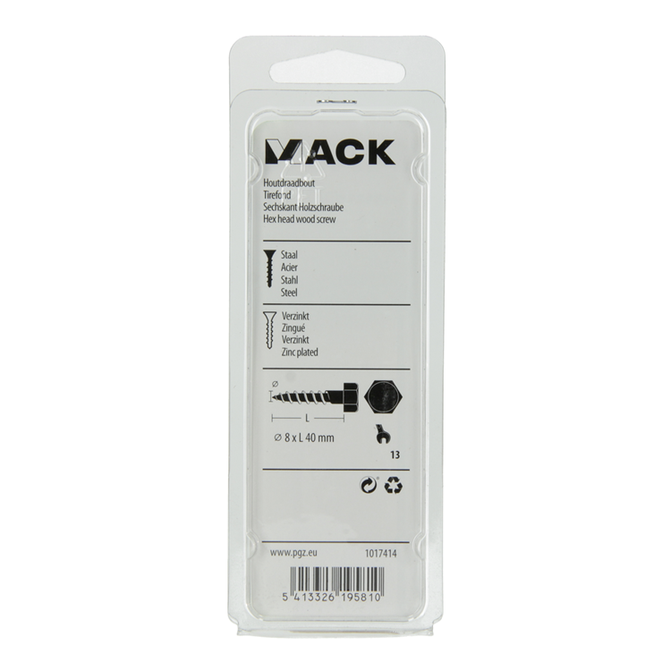 Mack 1017414 - boulon fileté à bois en acier galvanisé 8 pièces 8 x 40 mm | 5 pièces