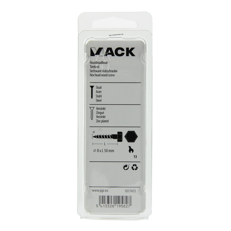 Mack 1017415 - boulon fileté à bois en acier galvanisé 7 pièces 8 x 50 mm | 5 pièces