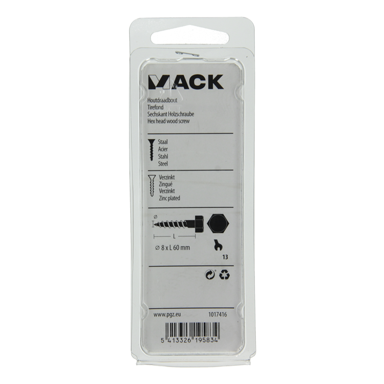 Mack 1017416 - boulon fileté à bois en acier galvanisé 6 pièces 8 x 60 mm | 5 pièces