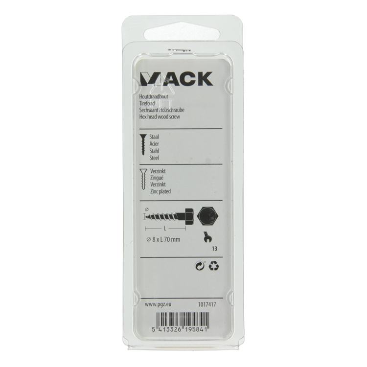 Mack 1017417 - boulon fileté à bois en acier galvanisé 5 pièces 8 x 70 mm | 5 pièces