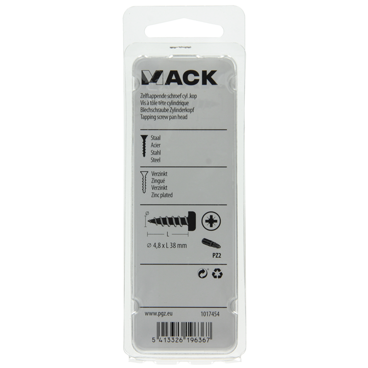 Mack 1017454 - vis autotaraudeuse à tête cylindrique galv. 9 pièces 4,8 x 38 mm | 10 pièces