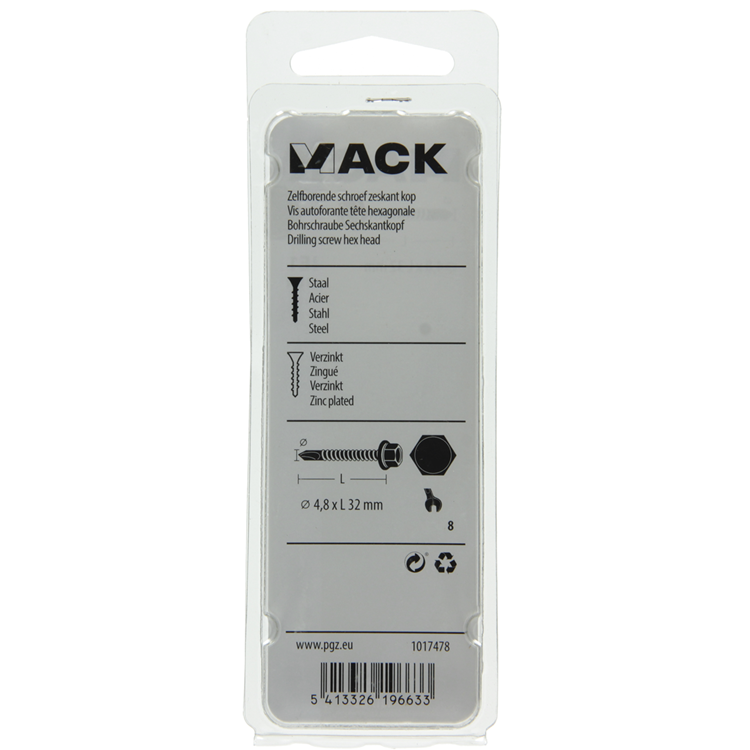 Mack 1017478 - vis autoperceuse hexagonale. tête galvanisée. 18 pièces 4,8 x 32 mm | 5 pièces