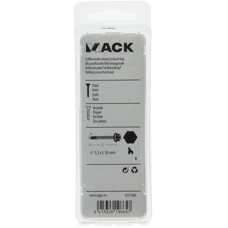Mack 1017480 - vis autoperceuse hexagonale. tête galvanisée. 13 pièces 5,5 x 50 mm | 5 pièces