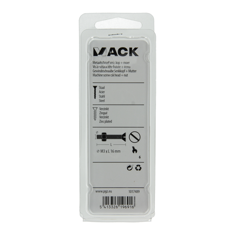 Mack 1017489 - vis à métal galvanisée. tête + écrou plaqué 27pcs m3 x 16 mm | 10 pièces