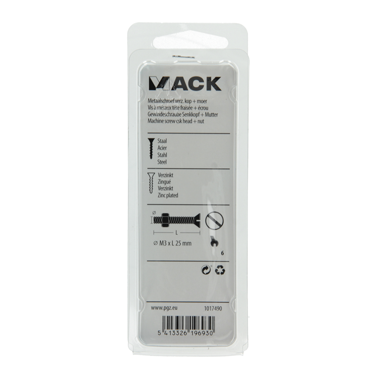 Mack 1017490 - vis à métal galvanisée. tête + écrou plaqué 22pcs m3 x 25 mm | 10 pièces