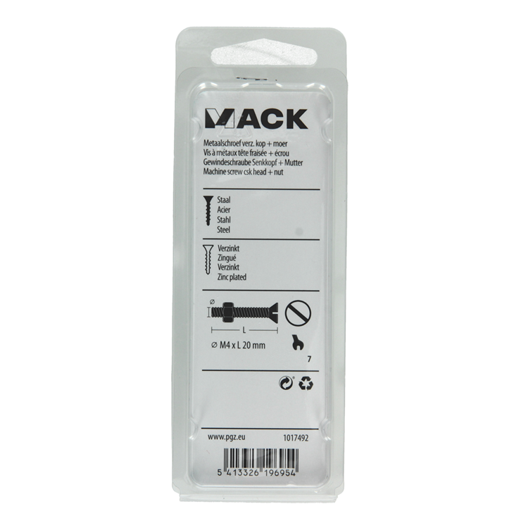 Mack 1017492 - vis à métal galvanisée. tête + écrou plaqué 18pcs m4 x 20 mm | 10 pièces