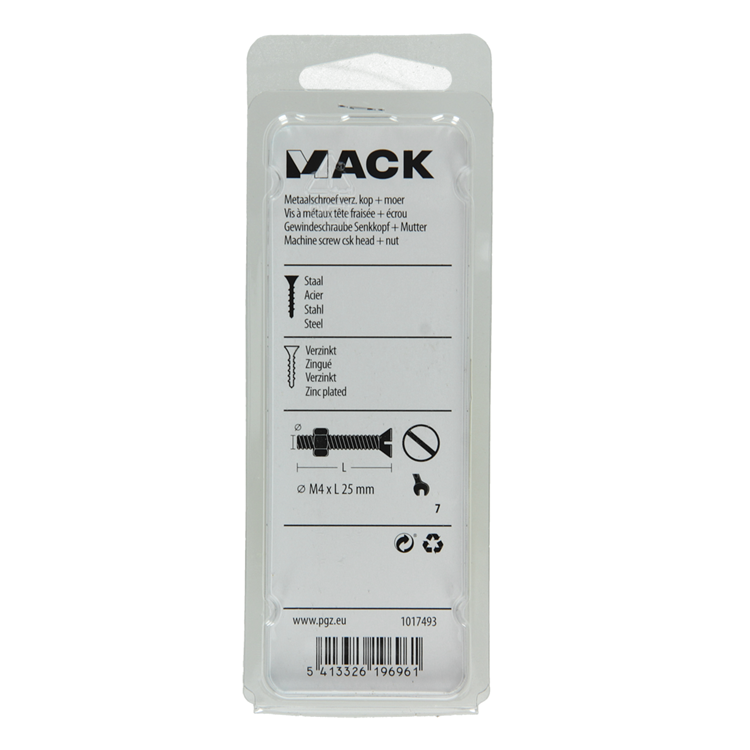 Mack 1017493 - vis à métal galvanisée. tête + écrou plaqué 16pcs m4 x 25 mm | 10 pièces