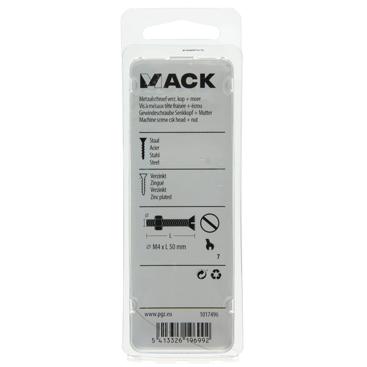 Mack 1017496 - vis à métal galvanisée. tête + écrou plaqué 9 pcs m4 x 50 mm | 10 pièces