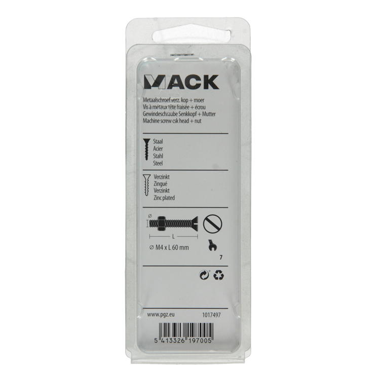 Mack 1017497 - vis à métal galvanisée. tête + écrou plaqué 6 pcs m4 x 60 mm | 10 pièces