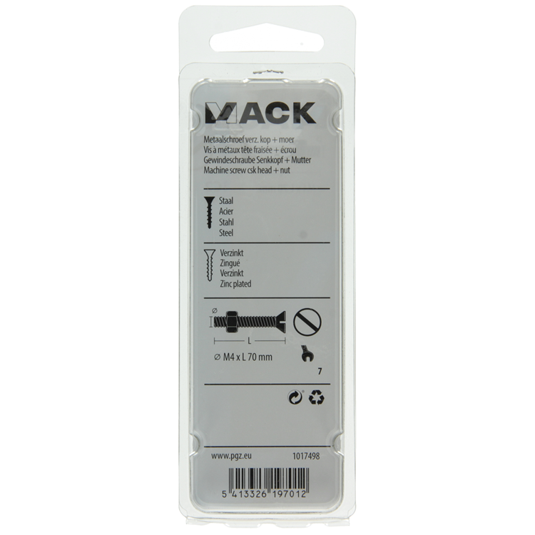 Mack 1017498 - vis à métal galvanisée. tête + écrou plaqué 4 pcs m4 x 70 mm | 10 pièces