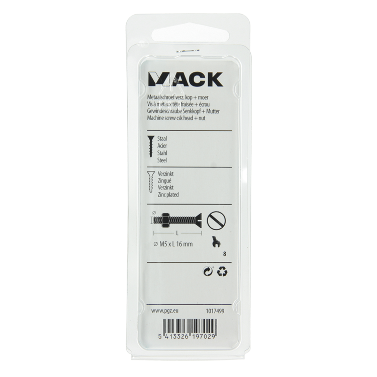 Mack 1017499 - vis à métal galvanisée. tête + écrou plaqué 16pcs m5 x 16 mm | 10 pièces