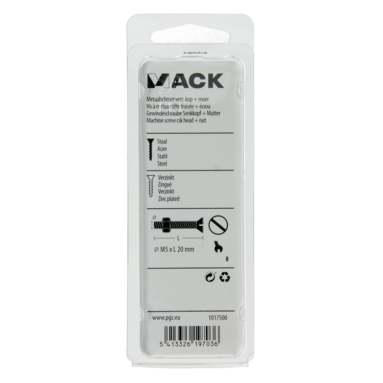 Mack 1017500 - vis à métal galvanisée. tête + écrou plaqué 15pcs m5 x 20 mm | 10 pièces