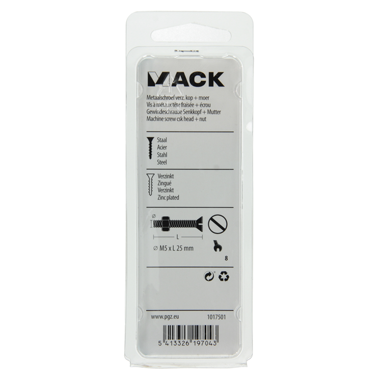 Mack 1017501 - vis à métal galvanisée. tête + écrou plaqué 14pcs m5 x 25 mm | 10 pièces