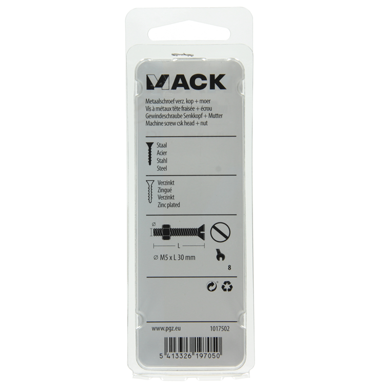 Mack 1017502 - vis à métal galvanisée. tête + écrou plaqué 13pcs m5 x 30 mm | 10 pièces