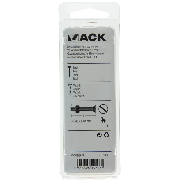 Mack 1017503 - vis à métal galvanisée. tête + écrou plaqué 10pcs m5 x 40 mm | 10 pièces