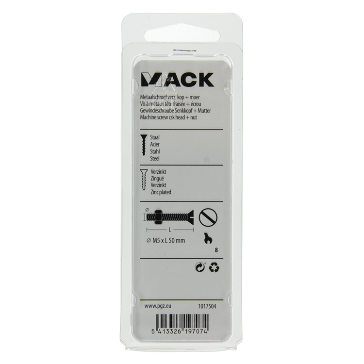 Mack 1017504 - vis à métal galvanisée. tête + écrou plaqué 8 pcs m5 x 50 mm | 10 pièces