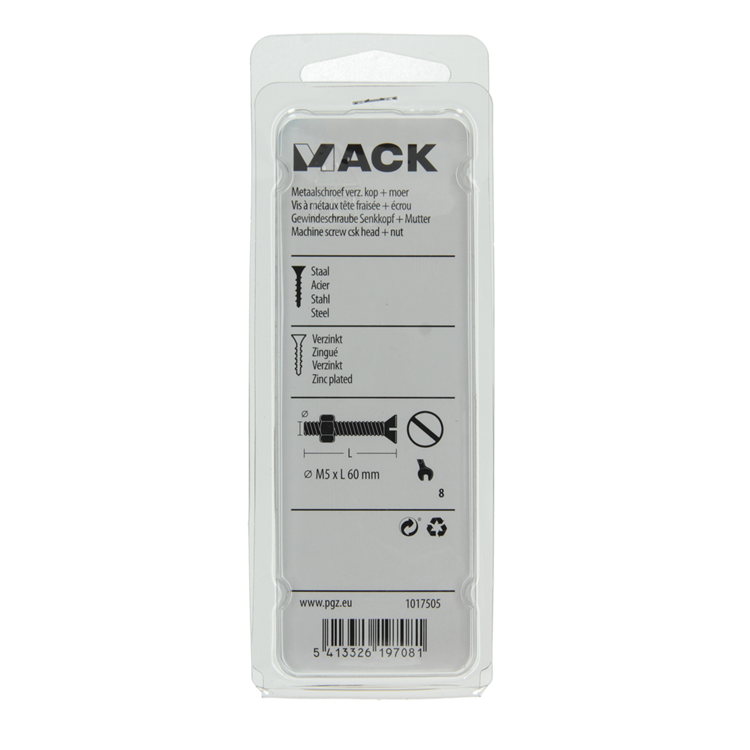 Mack 1017505 - vis à métal galvanisée. tête + écrou plaqué 7 pcs m5 x 60 mm | 10 pièces
