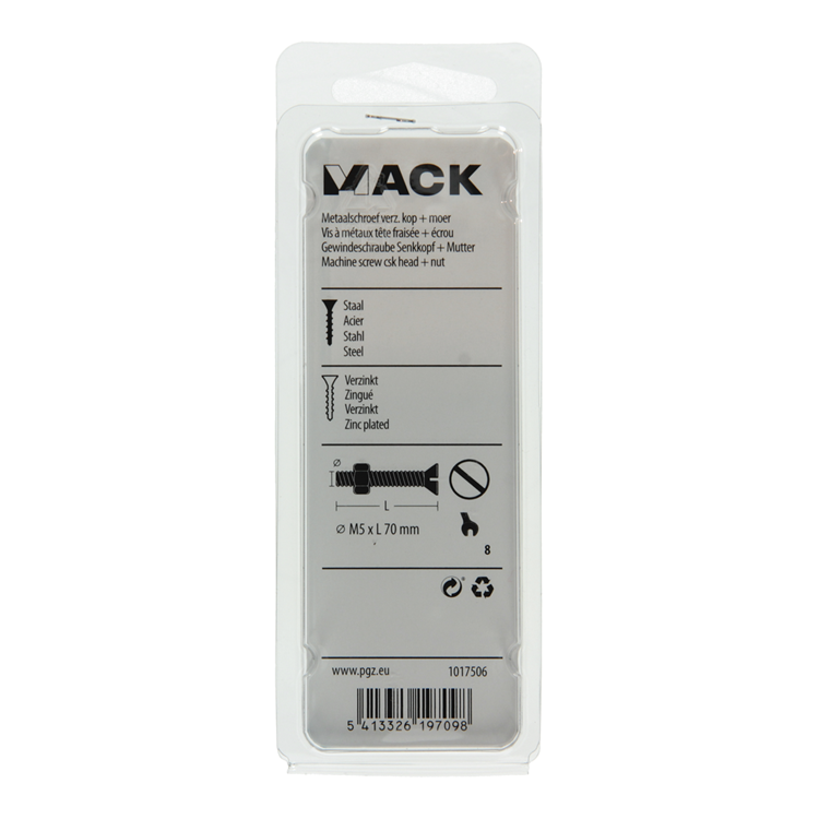 Mack 1017506 - vis à métal galvanisée. tête + écrou plaqué 6 pcs m5 x 70 mm | 10 pièces