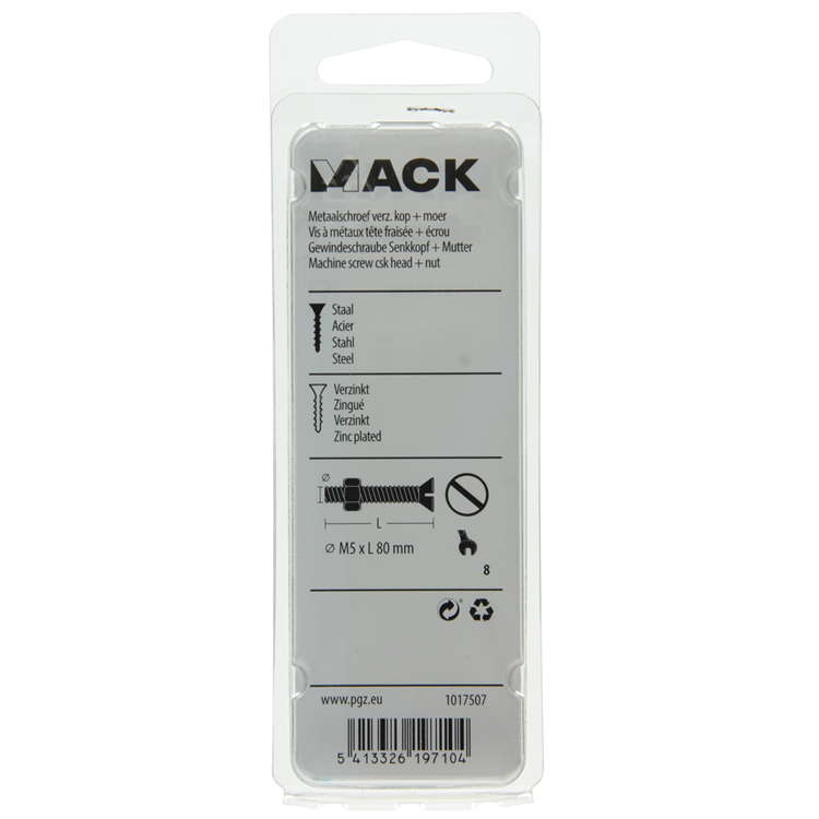 Mack 1017507 - vis à métal galvanisée. tête + écrou plaqué 5 pcs m5 x 80 mm | 10 pièces