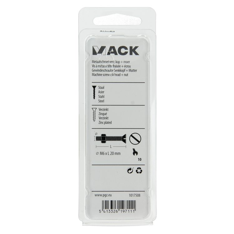 Mack 1017508 - vis à métal galvanisée. tête + écrou plaqué 10pcs m6 x 20mm | 10 pièces