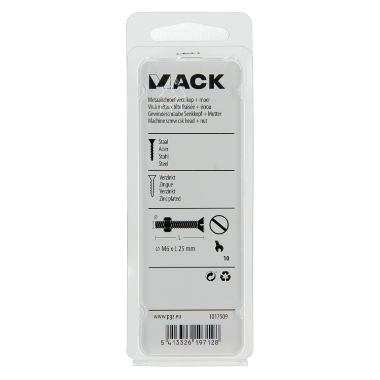 Mack 1017509 - vis à métal galvanisée. tête + écrou plaqué 9 pcs m6 x 25 mm | 10 pièces