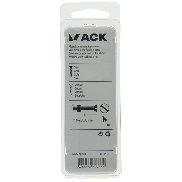 Mack 1017510 - vis à métal galvanisée. tête + écrou plaqué 8 pcs m6 x 30 mm | 10 pièces