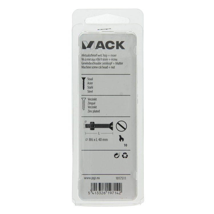Mack 1017511 - vis à métal galvanisée. tête + écrou plaqué 6 pcs m6 x 40 mm | 10 pièces
