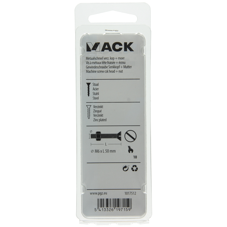 Mack 1017512 - vis à métal galvanisée. tête + écrou plaqué 6 pcs m6 x 50 mm | 10 pièces