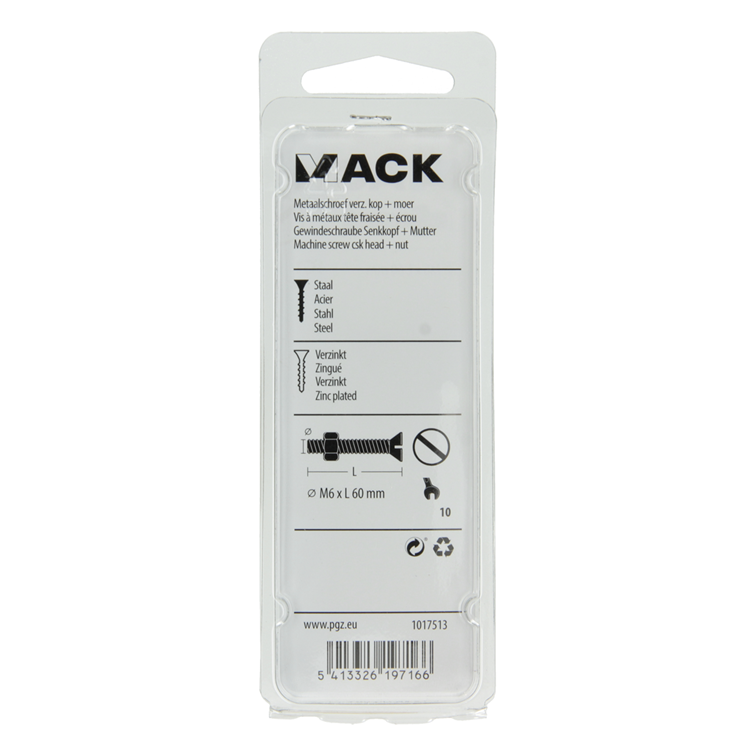 Mack 1017513 - vis à métal galvanisée. tête + écrou plaqué 5 pcs m6 x 60 mm | 10 pièces