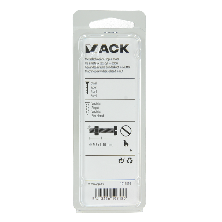 Mack 1017514 - vérin à vis métal. tête + écrou plaqué 30 pcs m3 x 10 mm | 10 pièces