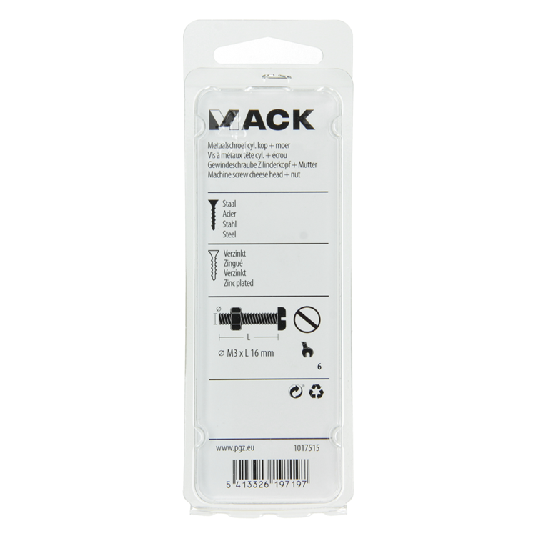 Mack 1017515 - vérin à vis métal. tête + écrou plaqué 27 pcs m3 x 16 mm | 10 pièces