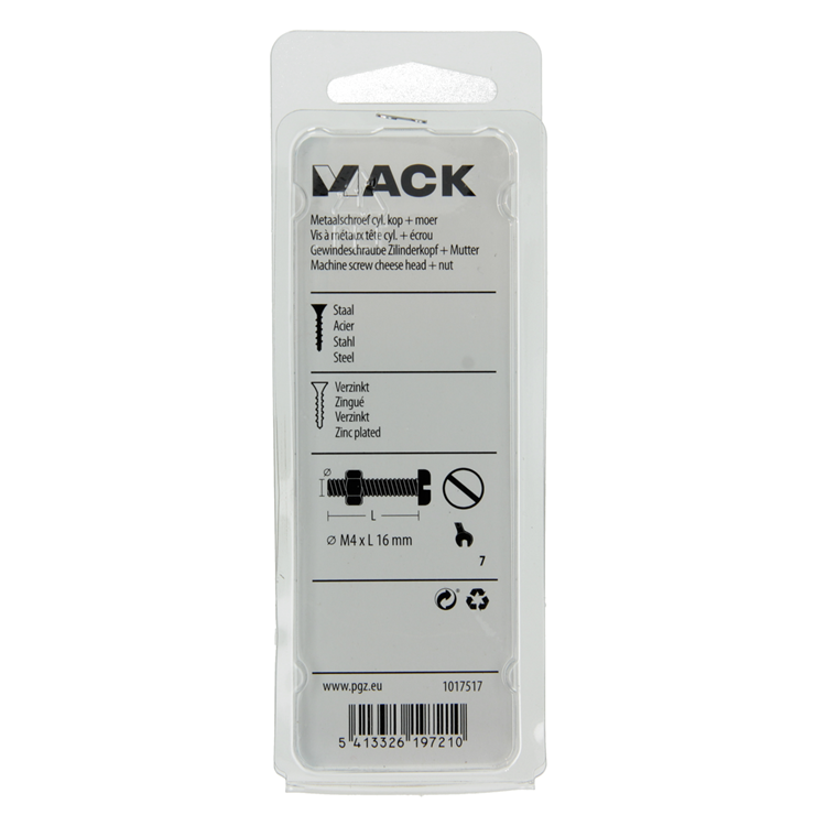 Mack 1017517 - vérin à vis métal. tête + écrou plaqué 20 pcs m4 x 16 mm | 10 pièces