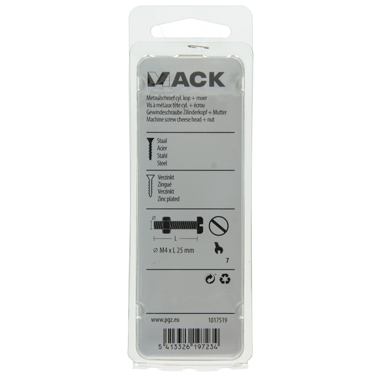Mack 1017519 - vérin à vis métal. tête + écrou plaqué 16 pcs m4 x 25 mm | 10 pièces