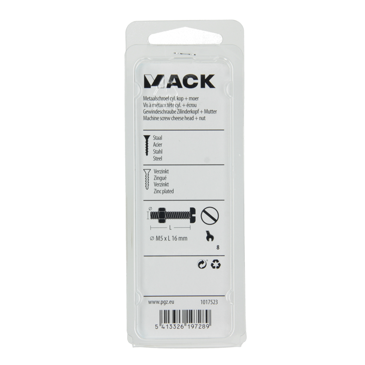 Mack 1017523 - vérin à vis métal. tête + écrou plaqué 16 pcs m5 x 16 mm | 10 pièces