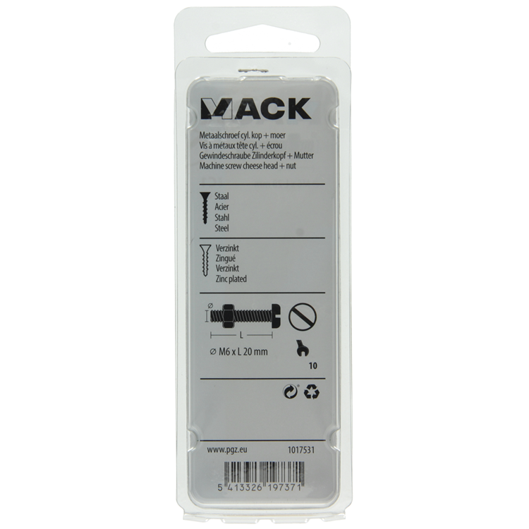 Mack 1017531 - vérin à vis métal. tête + écrou plaqué 10 pcs m6 x 20 mm | 10 pièces