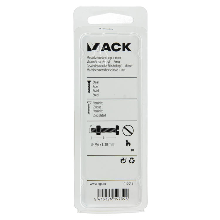Mack 1017533 - vérin à vis métal. tête + écrou plaqué 8 pcs m6 x 30 mm | 10 pièces