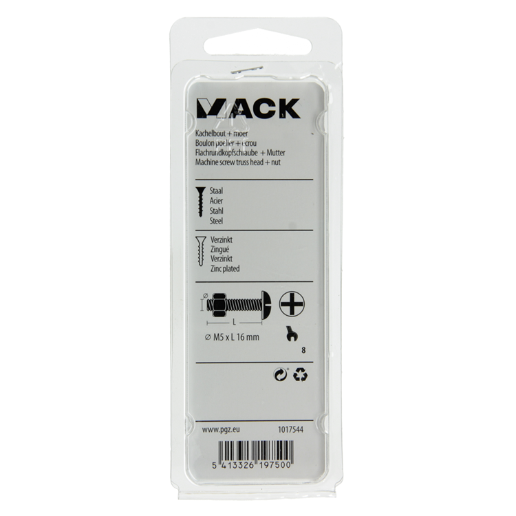 Mack 1017544 - boulon de poêle + écrou en acier galvanisé 16 pcs m5 x 16 mm | 10 pièces