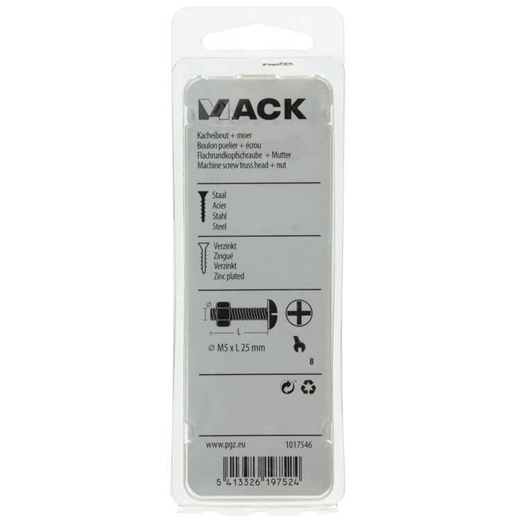 Mack 1017546 - boulon de poêle + écrou en acier galvanisé 14 pcs m5 x 25 mm | 5 pièces