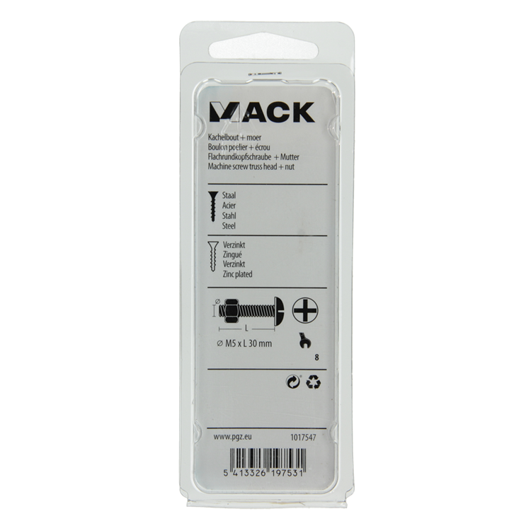 Mack 1017547 - boulon de poêle + écrou en acier galvanisé 12 pcs m5 x 30 mm | 5 pièces