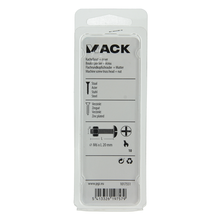 Mack 1017551 - boulon de chauffage + écrou acier galvanisé 9 pcs m6 x 20 mm | 5 pièces