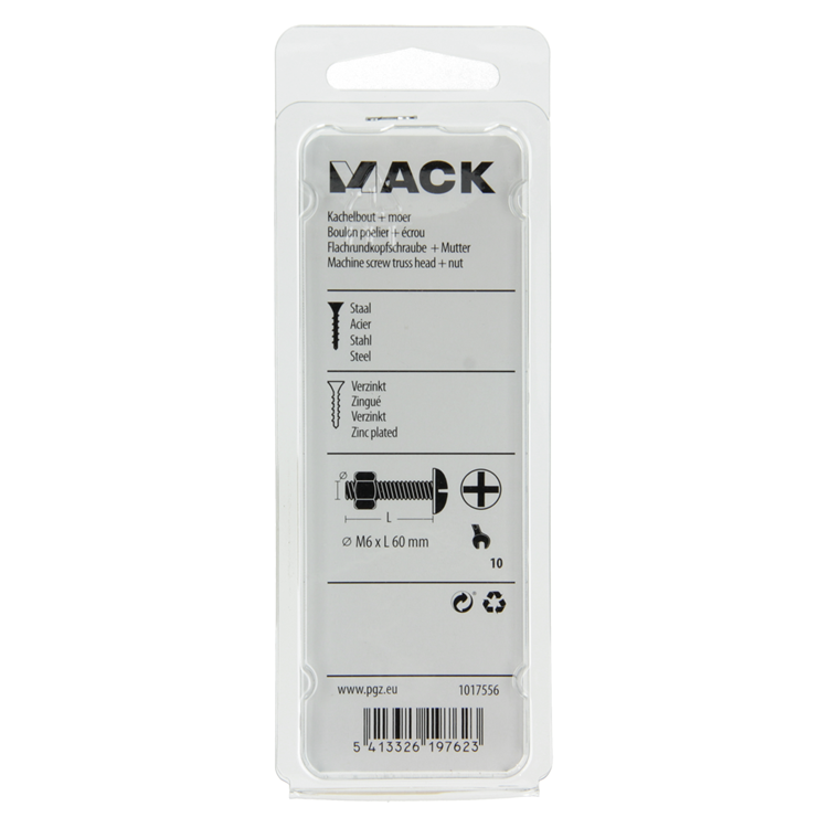 Mack 1017556 - boulon de poêle + écrou en acier galvanisé 5 pcs m6 x 60 mm | 10 pièces